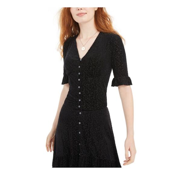 AMERICAN RAG Tops - AMERICAN RAG Womens Black Fitted Ruffled Burnout Velvet Button Up Top S